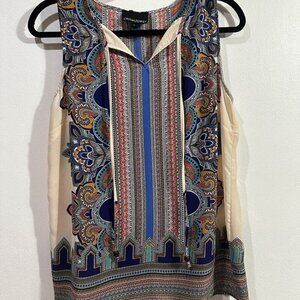 CYNTHIA ROWLEY Women Multi Print Chiffon Keyhole Tie at Neck Sleeveless Tunic L‎